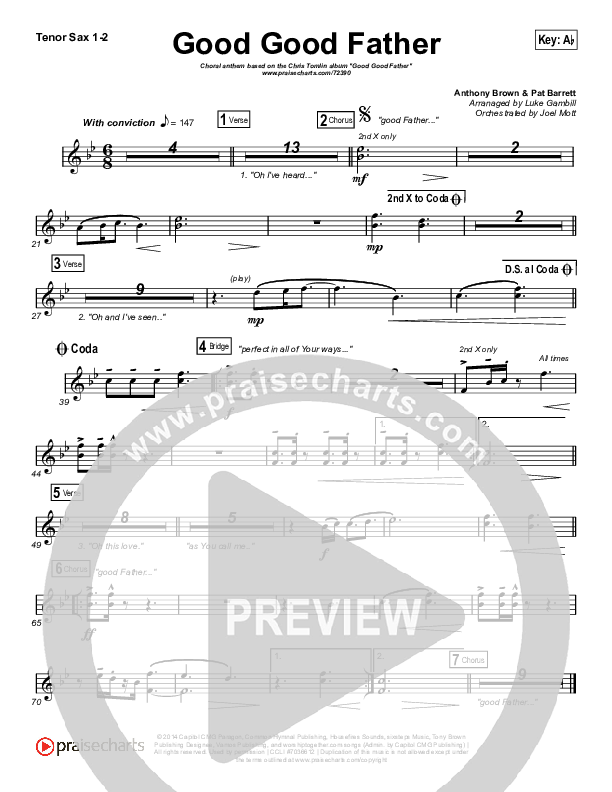 Good Good Father (Choral Anthem SATB) Tenor Sax 1/2 (Chris Tomlin / Arr. Luke Gambill)