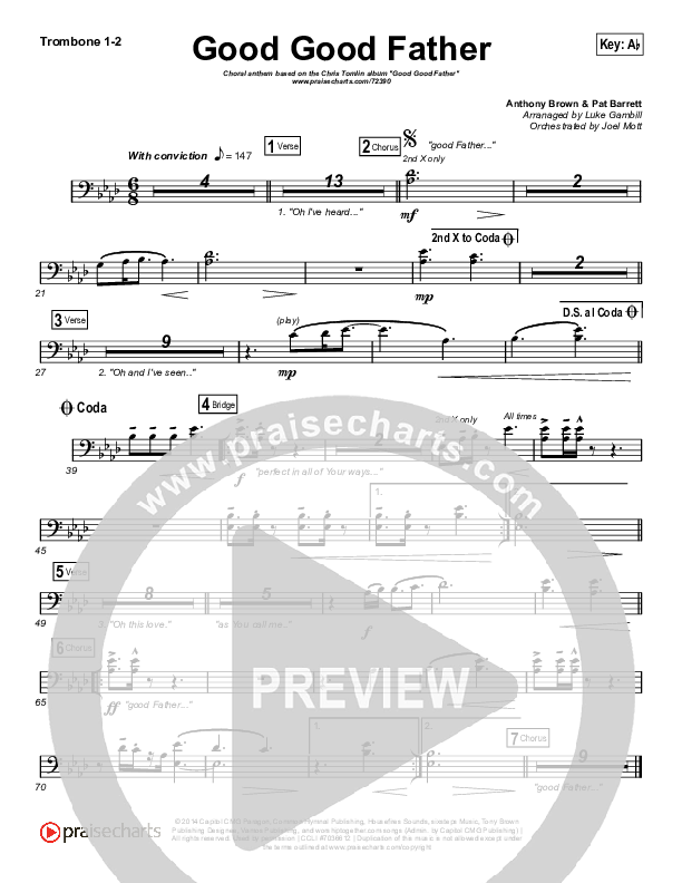 Good Good Father (Choral Anthem SATB) Trombone 1/2 (Chris Tomlin / Arr. Luke Gambill)