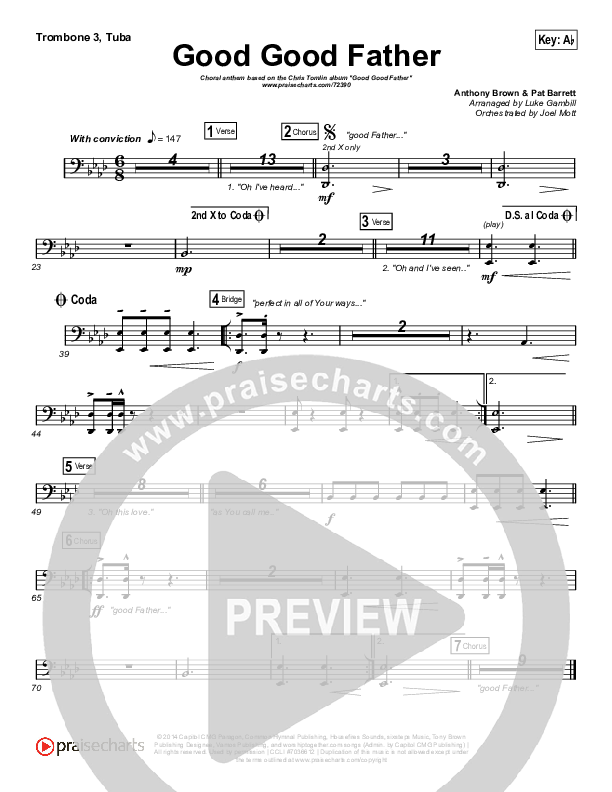 Good Good Father (Choral Anthem SATB) Trombone 3/Tuba (Chris Tomlin / Arr. Luke Gambill)