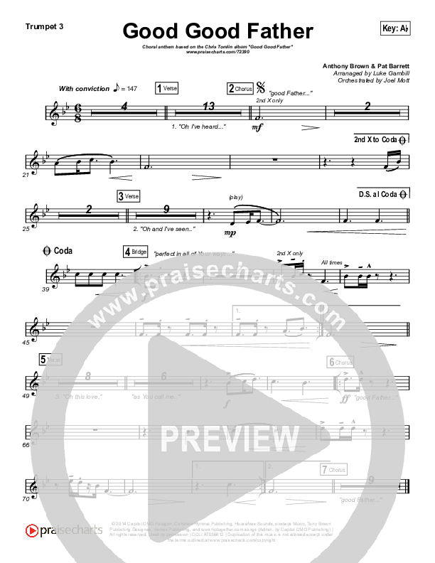 Good Good Father (Choral Anthem SATB) Trumpet 3 (Chris Tomlin / Arr. Luke Gambill)