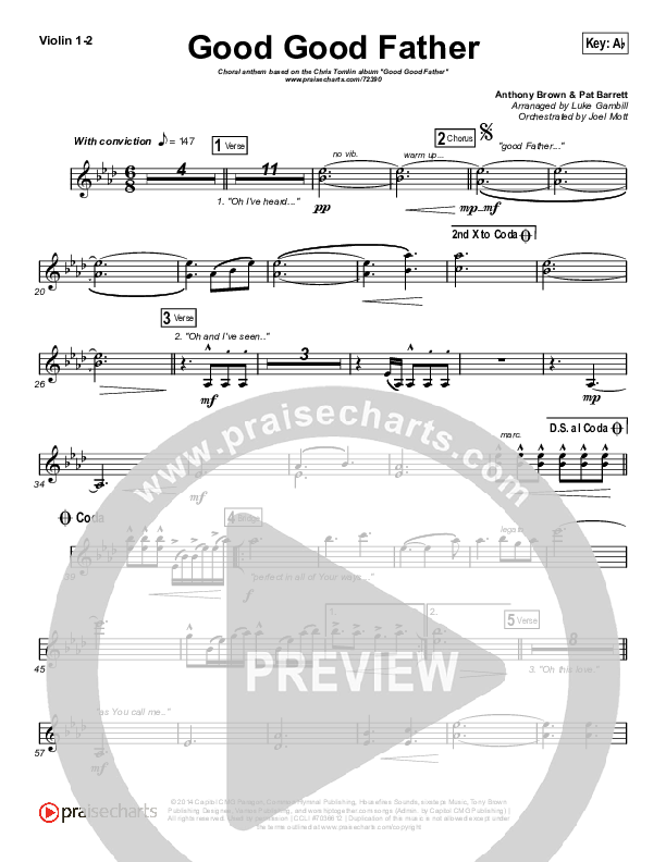 Good Good Father (Choral Anthem SATB) Violin 1/2 (Chris Tomlin / Arr. Luke Gambill)