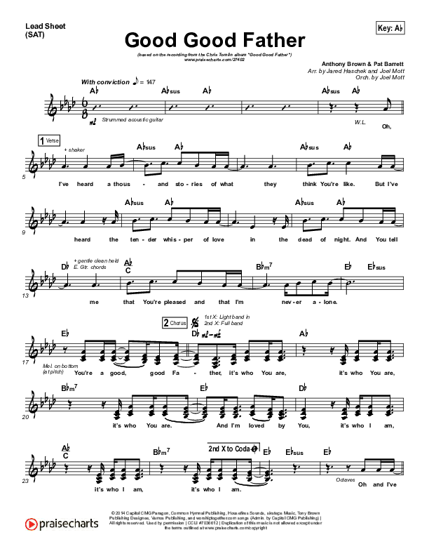 Good Good Father (Choral Anthem SATB) Lead Sheet (SAT) (Chris Tomlin / Arr. Luke Gambill)