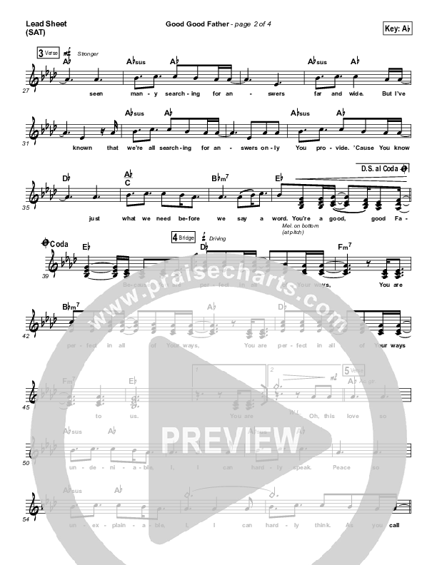 Good Good Father (Choral Anthem SATB) Lead Sheet (SAT) (Chris Tomlin / Arr. Luke Gambill)