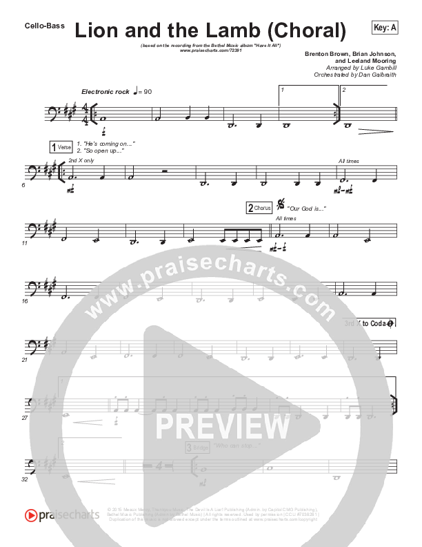 The Lion And The Lamb (Choral Anthem SATB) Cello/Bass (Bethel Music / Arr. Luke Gambill)