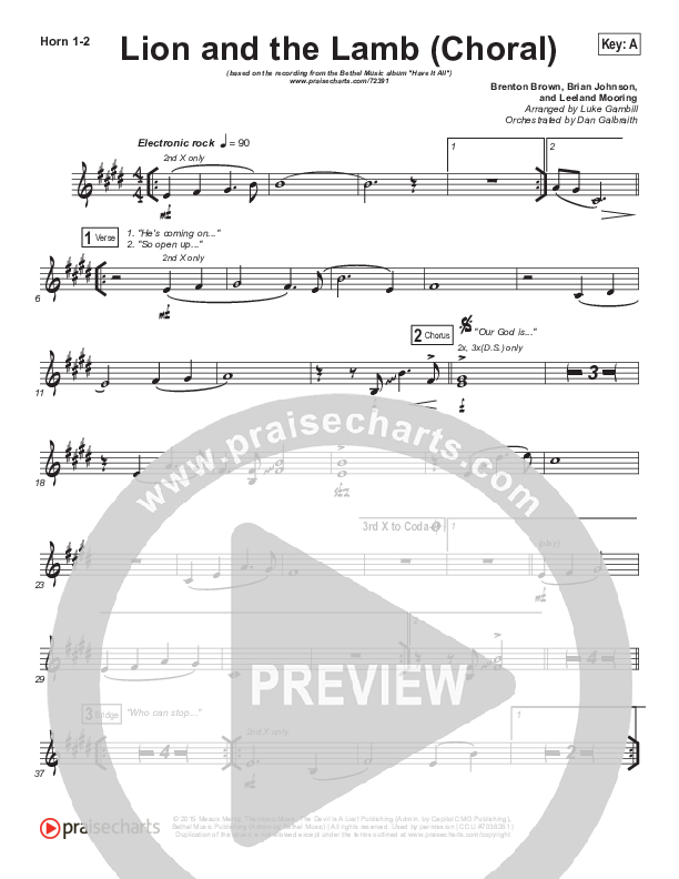 Lion And The Lamb (Choral Anthem SATB) French Horn 1/2 (Bethel Music / Arr. Luke Gambill)
