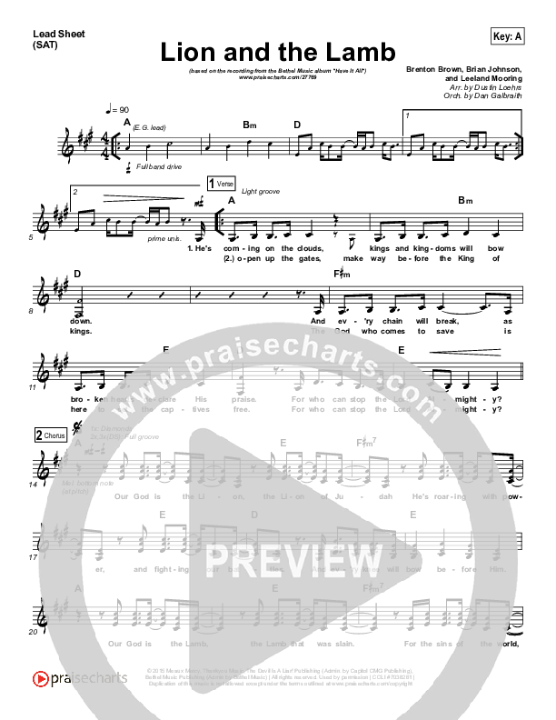 Lion And The Lamb (Choral Anthem SATB) Lead Sheet (SAT) (Bethel Music / Arr. Luke Gambill)