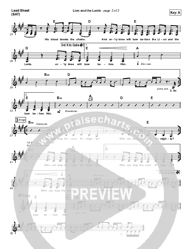 The Lion And The Lamb (Choral Anthem SATB) Lead Sheet (SAT) (Bethel Music / Arr. Luke Gambill)
