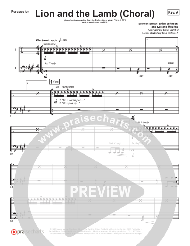 Lion And The Lamb (Choral Anthem SATB) Percussion (Bethel Music / Arr. Luke Gambill)