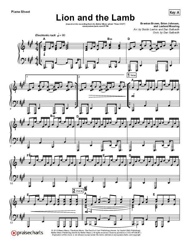 The Lion And The Lamb (Choral Anthem SATB) Piano Sheet (Bethel Music / Arr. Luke Gambill)