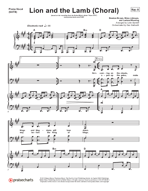Lion And The Lamb (Choral Anthem SATB) Piano/Vocal Pack (Bethel Music / Arr. Luke Gambill)