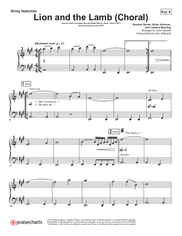 Lion And The Lamb (Choral Anthem SATB) String Pack (Bethel Music / Arr. Luke Gambill)