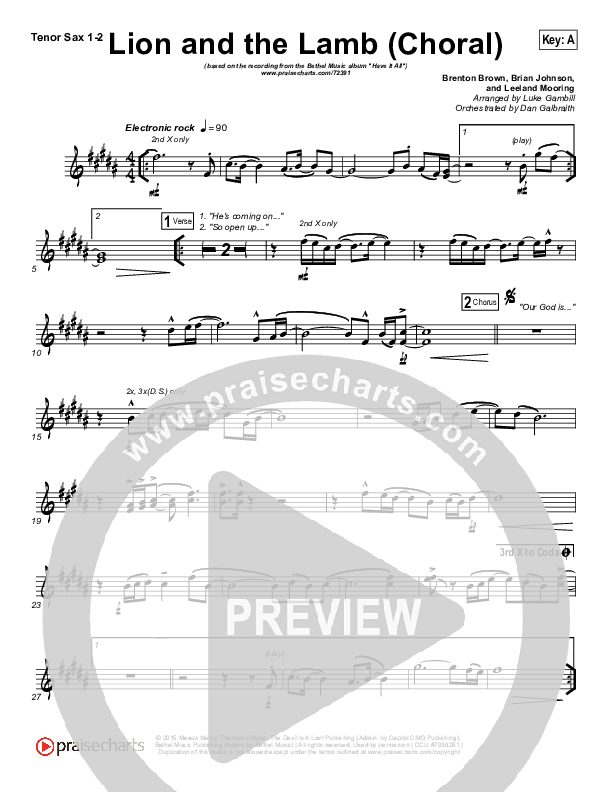 The Lion And The Lamb (Choral Anthem SATB) Tenor Sax 1/2 (Bethel Music / Arr. Luke Gambill)