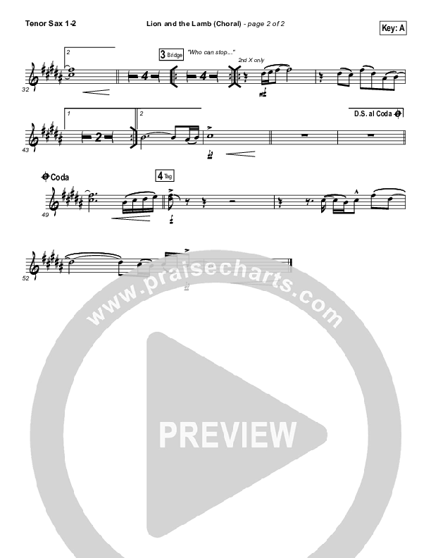Lion And The Lamb (Choral Anthem SATB) Tenor Sax 1/2 (Bethel Music / Arr. Luke Gambill)