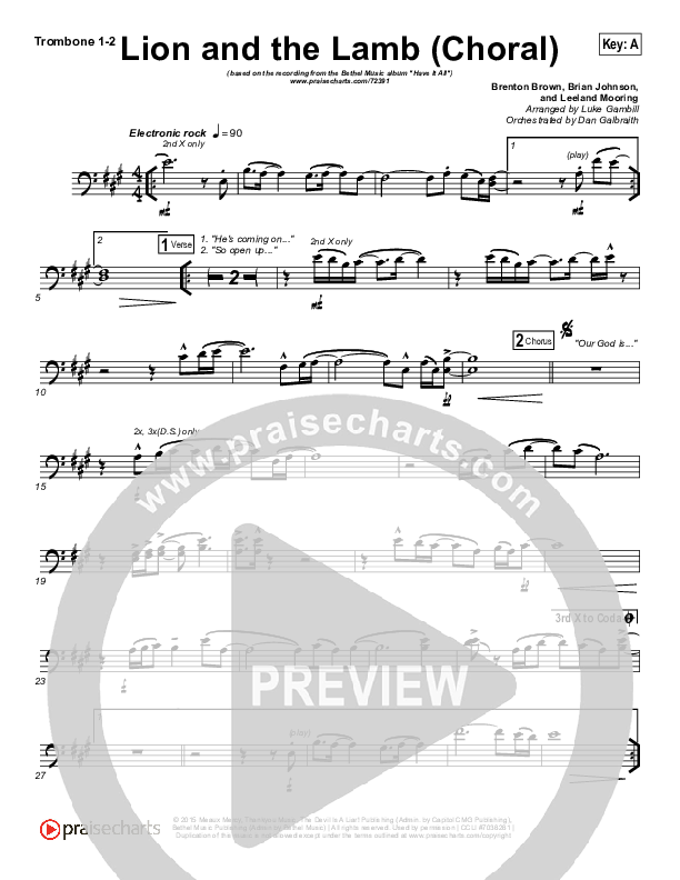 The Lion And The Lamb (Choral Anthem SATB) Trombone 1/2 (Bethel Music / Arr. Luke Gambill)