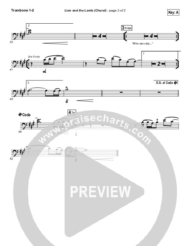 Lion And The Lamb (Choral Anthem SATB) Trombone 1/2 (Bethel Music / Arr. Luke Gambill)