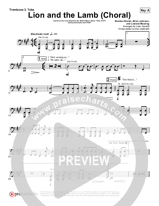 The Lion And The Lamb (Choral Anthem SATB) Trombone 3/Tuba (Bethel Music / Arr. Luke Gambill)