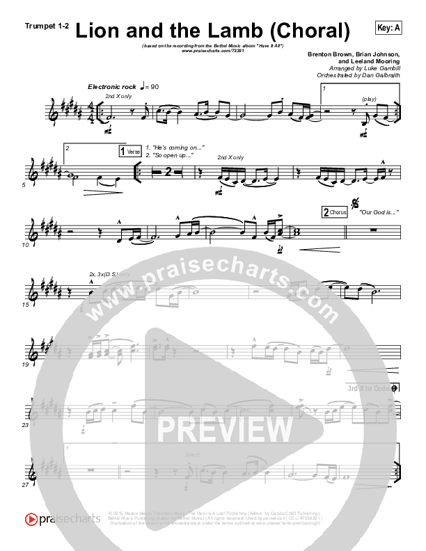 Lion And The Lamb (Choral Anthem SATB) Trumpet 1,2 (Bethel Music / Arr. Luke Gambill)