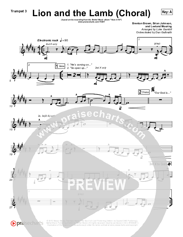 The Lion And The Lamb (Choral Anthem SATB) Trumpet 3 (Bethel Music / Arr. Luke Gambill)