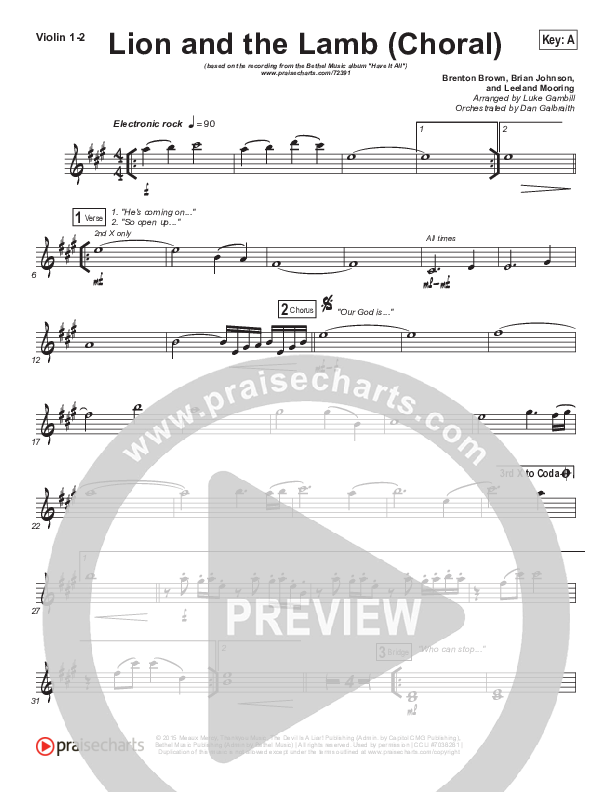Lion And The Lamb (Choral Anthem SATB) Violin 1/2 (Bethel Music / Arr. Luke Gambill)