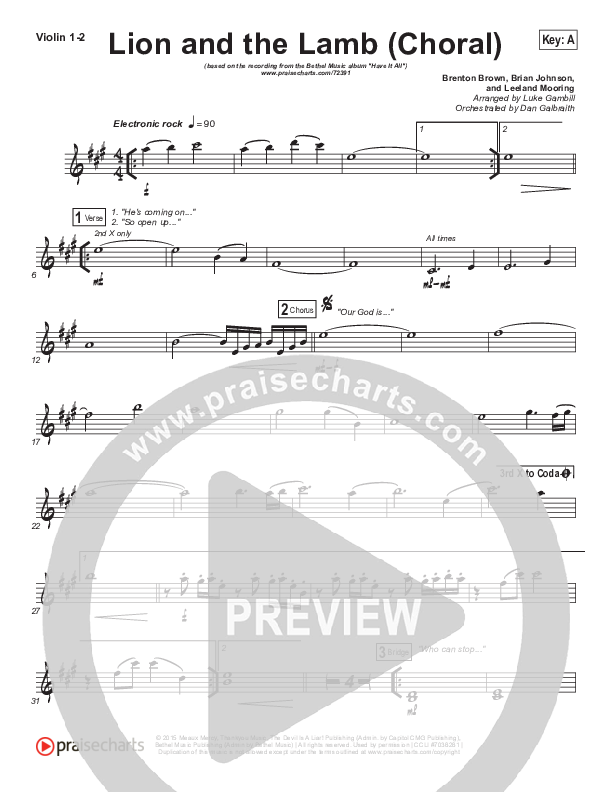 The Lion And The Lamb (Choral Anthem SATB) Violin 1/2 (Bethel Music / Arr. Luke Gambill)