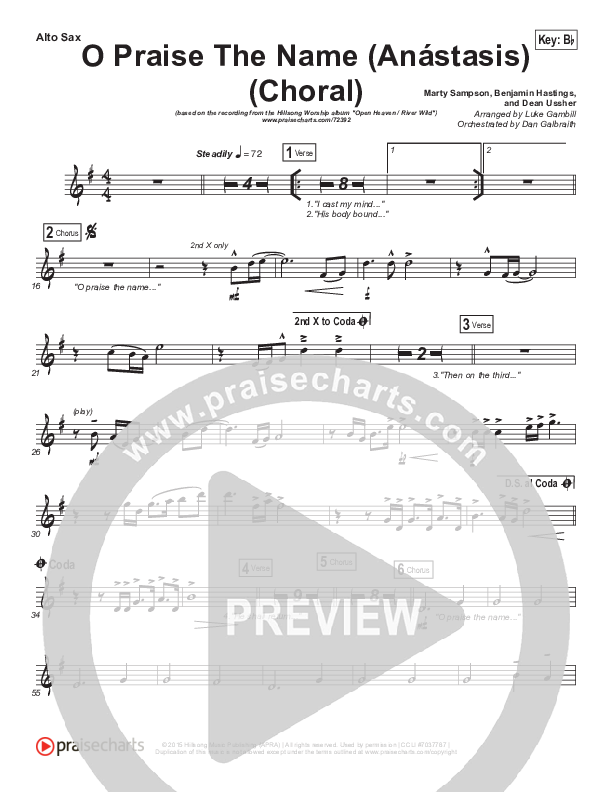 O Praise The Name (Anastasis) (Choral Anthem SATB) Alto Sax (Hillsong Worship / Arr. Luke Gambill)