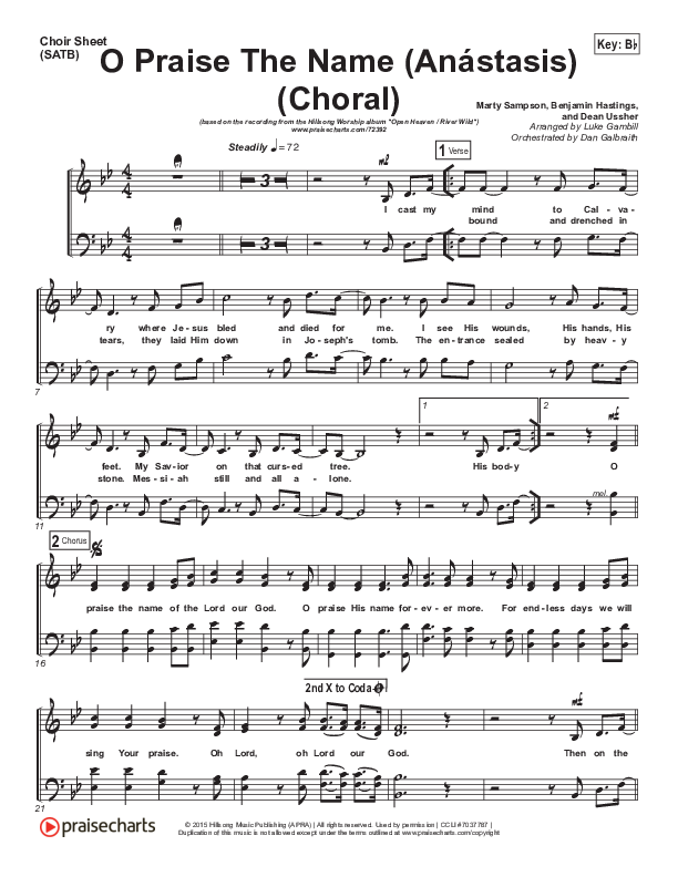 O Praise The Name (Anastasis) (Choral Anthem SATB) Choir Sheet (SATB) (Hillsong Worship / Arr. Luke Gambill)