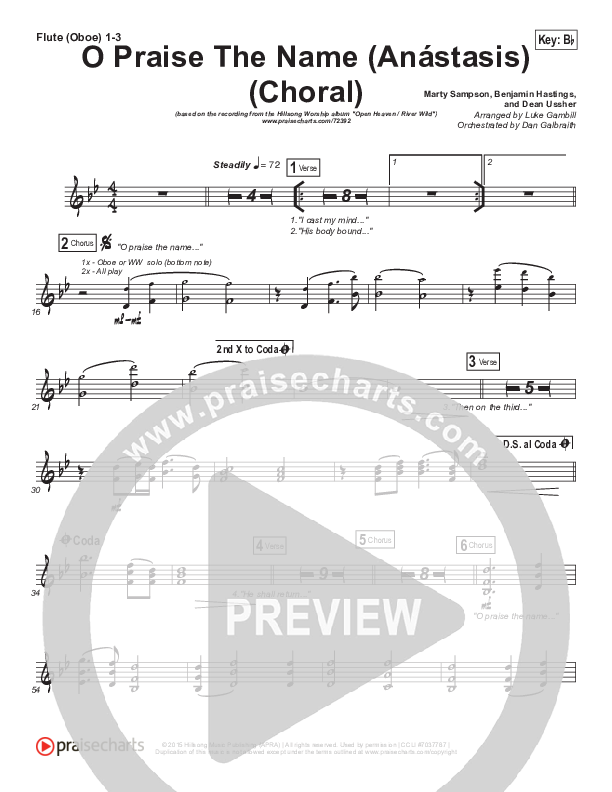 O Praise The Name (Anastasis) (Choral Anthem SATB) Flute/Oboe 1/2/3 (Hillsong Worship / Arr. Luke Gambill)