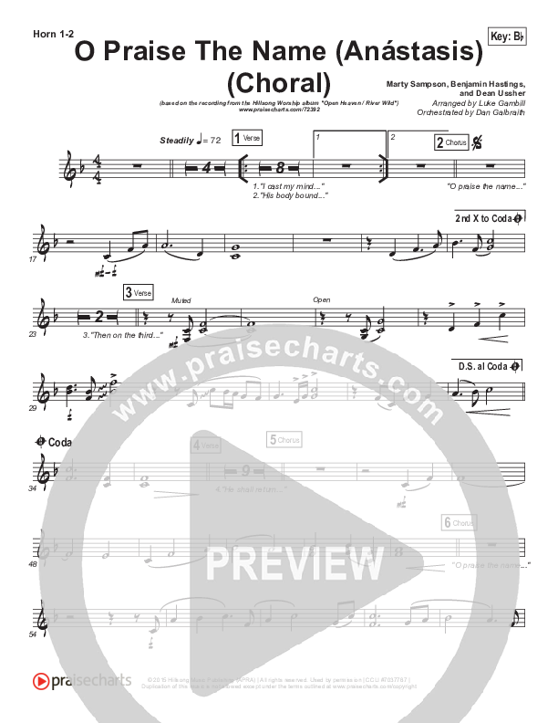 O Praise The Name (Anastasis) (Choral Anthem SATB) French Horn 1,2 (Hillsong Worship / Arr. Luke Gambill)