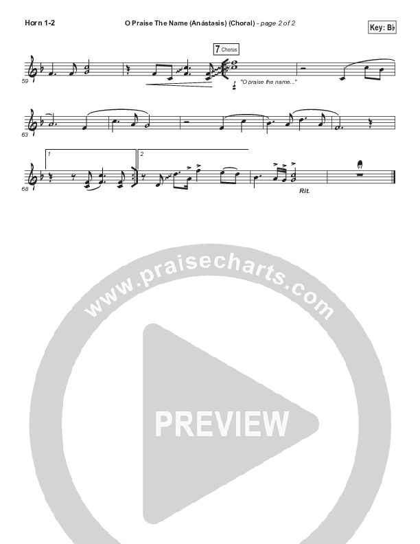 O Praise The Name (Anastasis) (Choral Anthem SATB) French Horn 1,2 (Hillsong Worship / Arr. Luke Gambill)