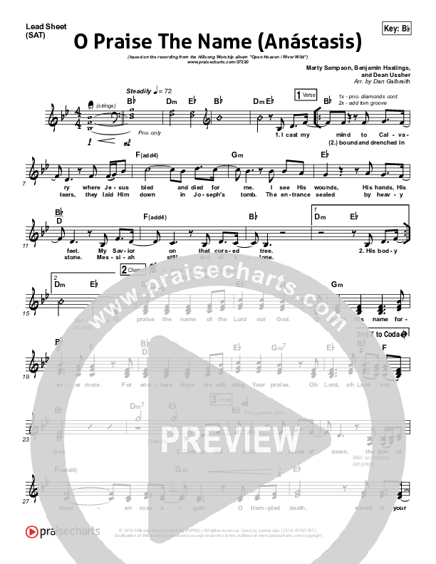 O Praise The Name (Anastasis) (Choral Anthem SATB) Lead Sheet (SAT) (Hillsong Worship / Arr. Luke Gambill)