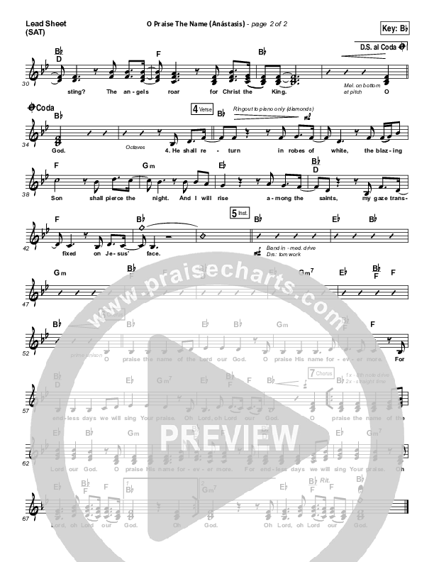 O Praise The Name (Anastasis) (Choral Anthem SATB) Lead Sheet (SAT) (Hillsong Worship / Arr. Luke Gambill)