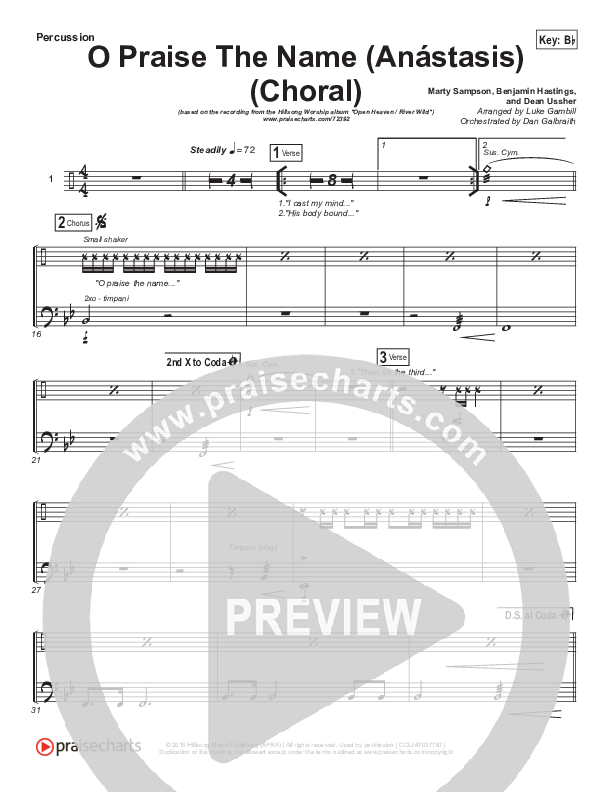 O Praise The Name (Anastasis) (Choral Anthem SATB) Percussion (Hillsong Worship / Arr. Luke Gambill)