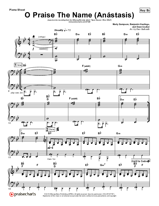 O Praise The Name (Anastasis) (Choral Anthem SATB) Piano Sheet (Hillsong Worship / Arr. Luke Gambill)