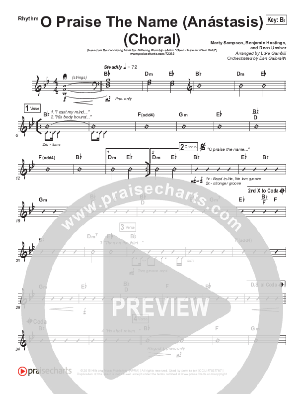 O Praise The Name (Anastasis) (Choral Anthem SATB) Rhythm Chart (Hillsong Worship / Arr. Luke Gambill)