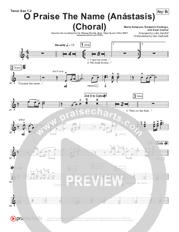 O Praise The Name (Anastasis) (Choral Anthem SATB) Tenor Sax 1,2 (Hillsong Worship / Arr. Luke Gambill)