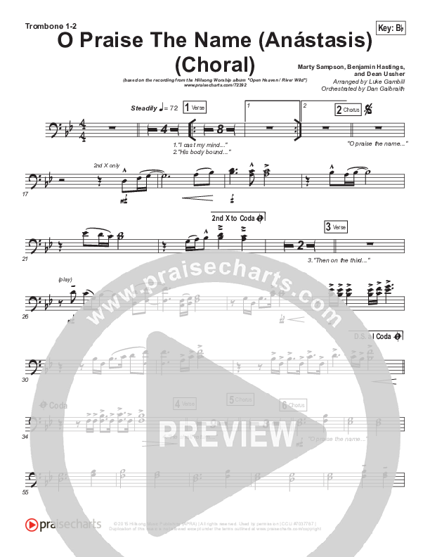 O Praise The Name (Anastasis) (Choral Anthem SATB) Trombone 1,2 (Hillsong Worship / Arr. Luke Gambill)
