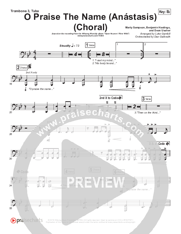 O Praise The Name (Anastasis) (Choral Anthem SATB) Trombone 1,2 (Hillsong Worship / Arr. Luke Gambill)