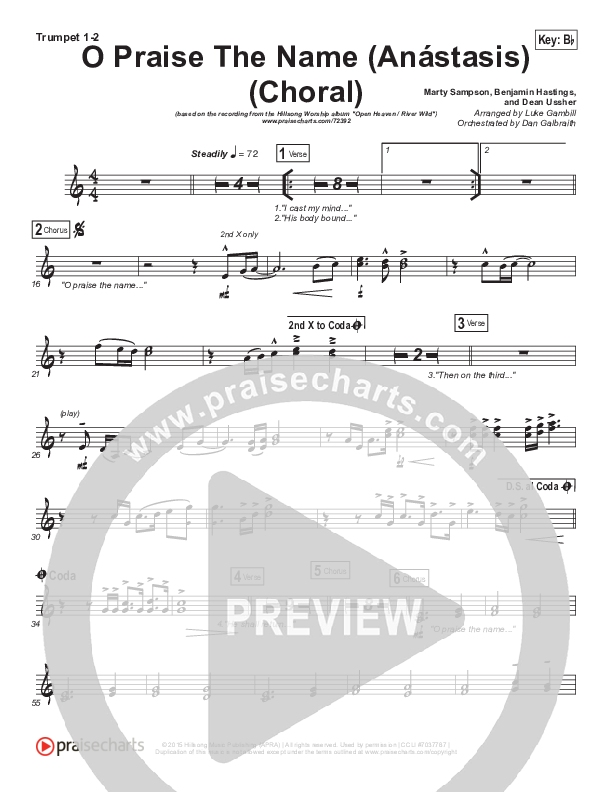 O Praise The Name (Anastasis) (Choral Anthem SATB) Trumpet 1,2 (Hillsong Worship / Arr. Luke Gambill)