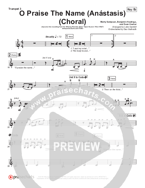 O Praise The Name (Anastasis) (Choral Anthem SATB) Trumpet 1,2 (Hillsong Worship / Arr. Luke Gambill)