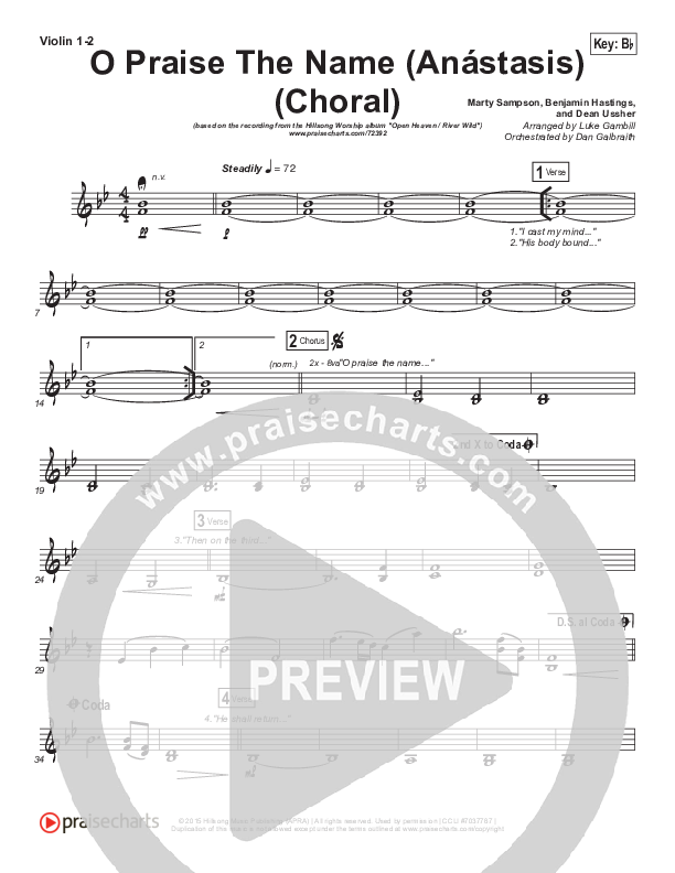 O Praise The Name (Anastasis) (Choral Anthem SATB) Violin 1,2 (Hillsong Worship / Arr. Luke Gambill)