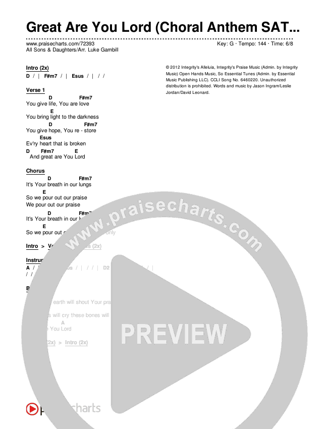 Great Are You Lord (Choral Anthem SATB) Chords & Lyrics (All Sons & Daughters / Arr. Luke Gambill)