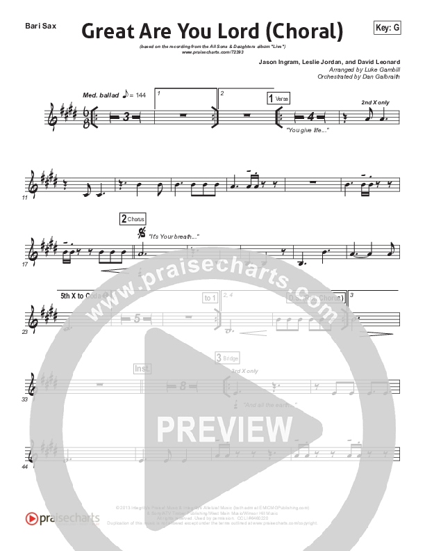 Great Are You Lord (Choral Anthem SATB) Bari Sax (All Sons & Daughters / Arr. Luke Gambill)