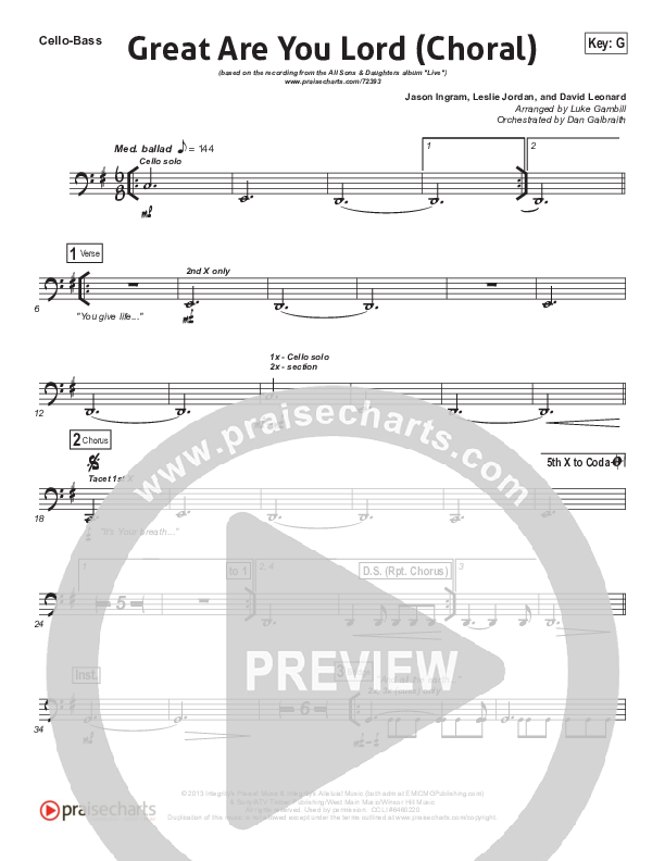 Great Are You Lord (Choral Anthem SATB) Cello/Bass (All Sons & Daughters / Arr. Luke Gambill)