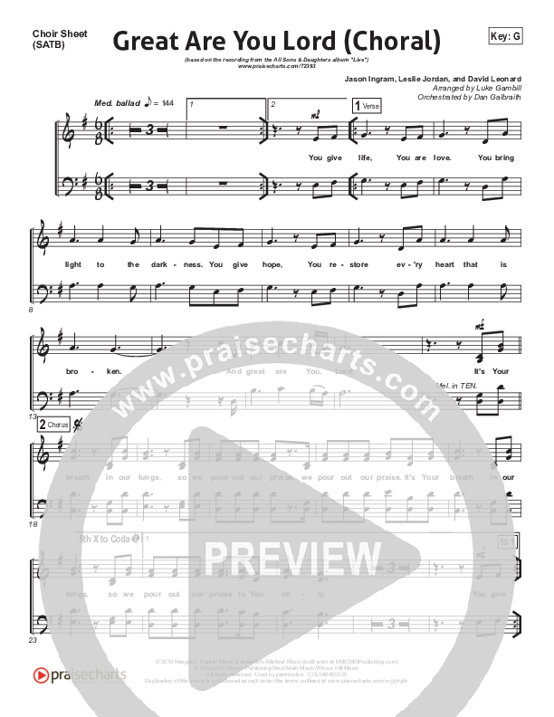 Great Are You Lord (Choral Anthem SATB) Choir Sheet (SATB) (All Sons & Daughters / Arr. Luke Gambill)