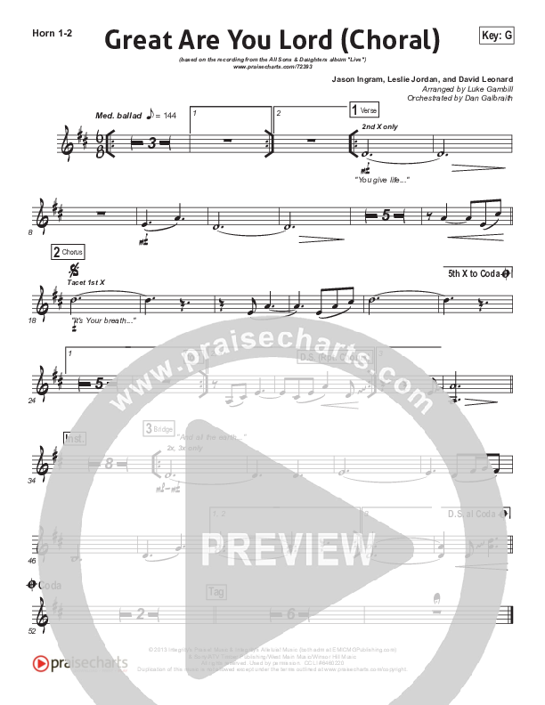Great Are You Lord (Choral Anthem SATB) French Horn 1/2 (All Sons & Daughters / Arr. Luke Gambill)