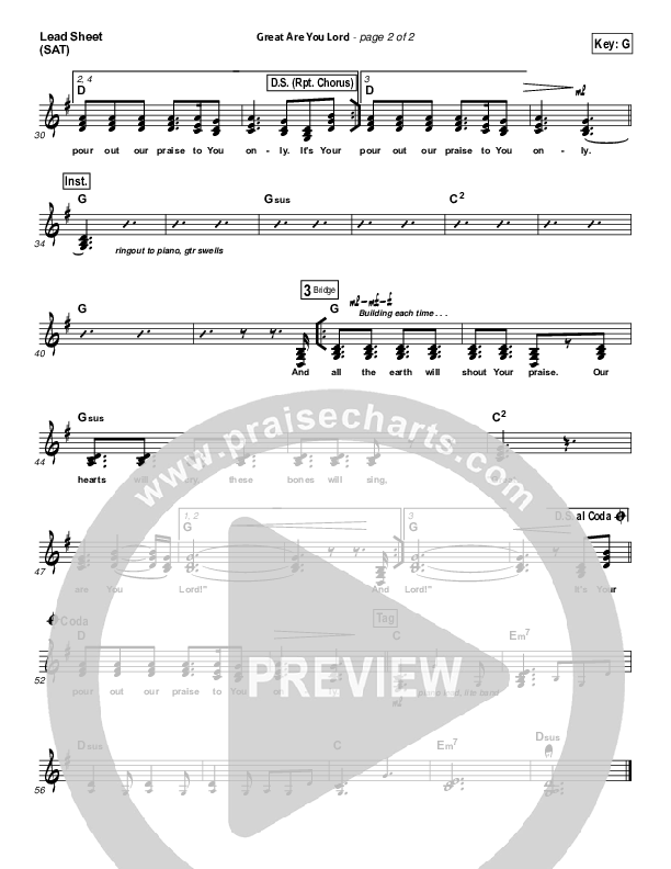 Great Are You Lord (Choral Anthem SATB) Lead Sheet (SAT) (All Sons & Daughters / Arr. Luke Gambill)