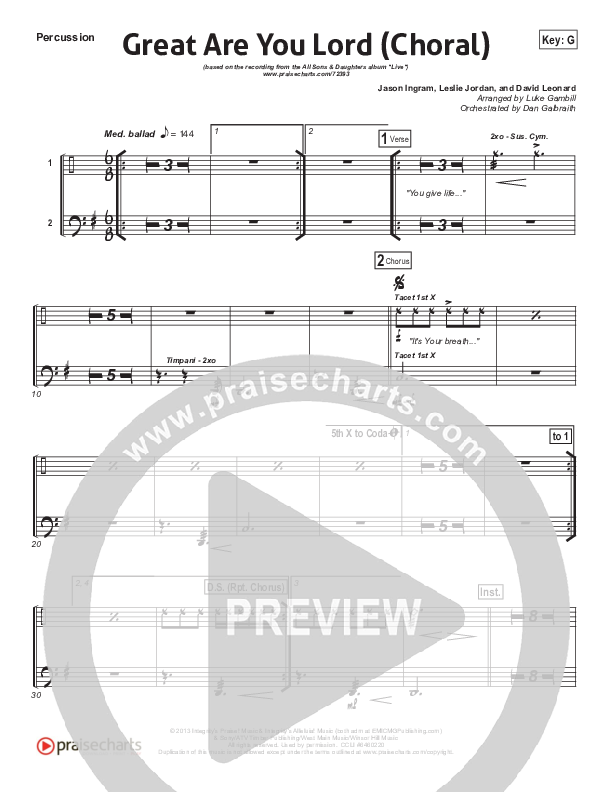 Great Are You Lord (Choral Anthem SATB) Percussion (All Sons & Daughters / Arr. Luke Gambill)