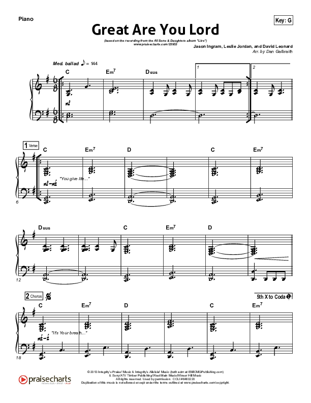 Great Are You Lord (Choral Anthem SATB) Piano Sheet (All Sons & Daughters / Arr. Luke Gambill)