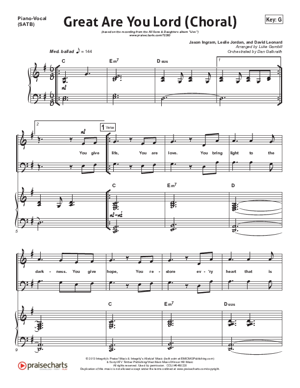 Great Are You Lord (Choral Anthem SATB) Piano/Vocal (SATB) (All Sons & Daughters / Arr. Luke Gambill)
