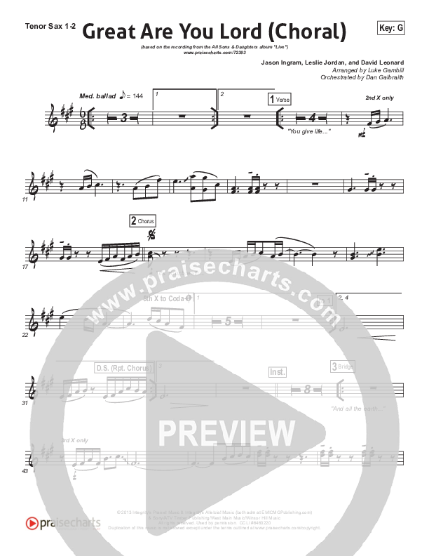Great Are You Lord (Choral Anthem SATB) Tenor Sax 1/2 (All Sons & Daughters / Arr. Luke Gambill)